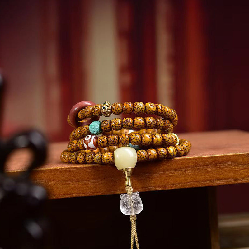 Dansenmonk Vintage Natural Hainan Star Moon Bodhi 108 Mala Bracelet with Agate & Turquoise Charms