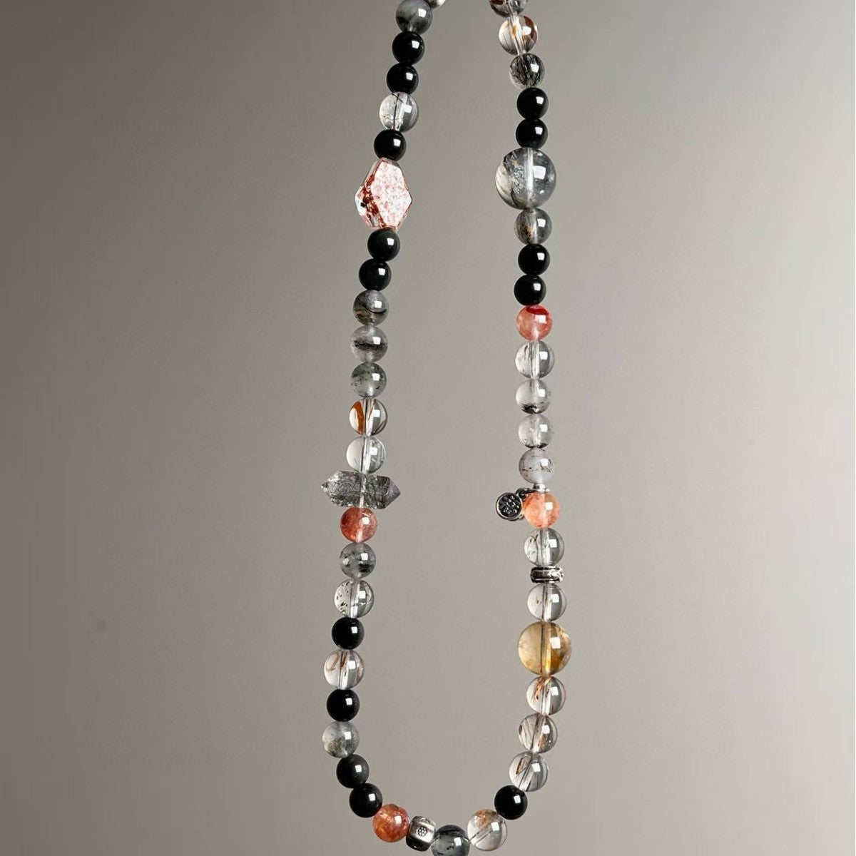 Natural Double-Loop Phantom Quartz Obsidian Crystal Bracelet - Detail View