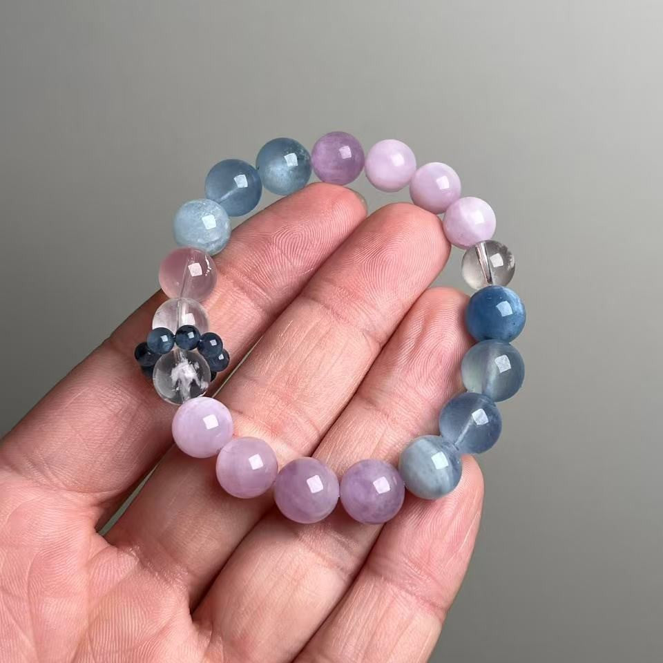 Natural Aquamarine Kunzite Clear Quartz Mixed Bracelet 10mm - View 4