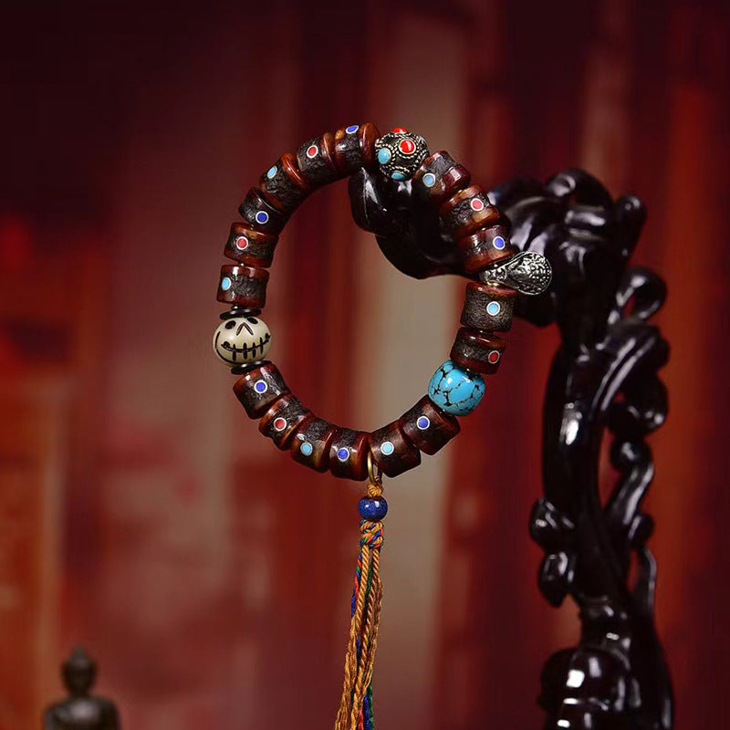 Tibetan Vintage Yak Bone Mala Bracelet | Inlaid Multi-Gem Barrel Beads, Old Collected Himalayan Prayer Bracelet 12*8mm