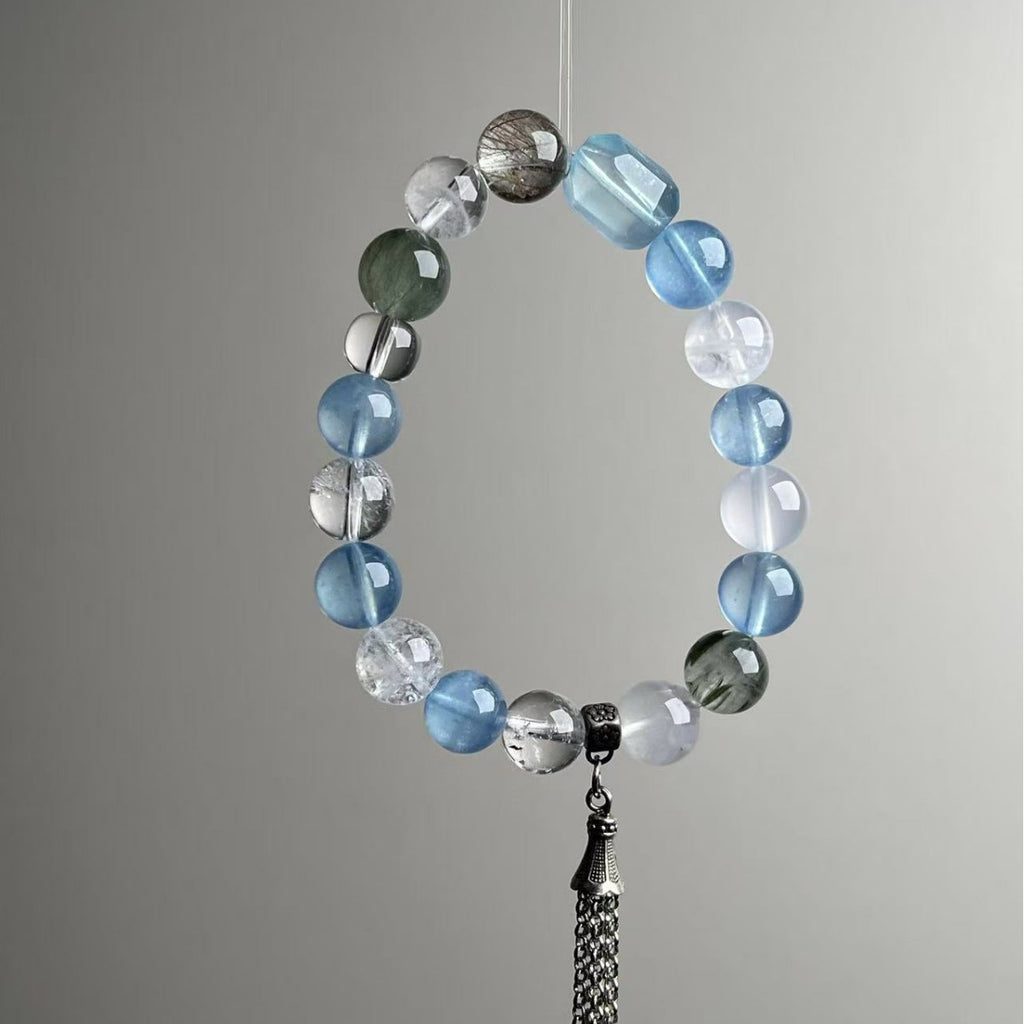 Natural Aquamarine Multi-Stone Bracelet 10mm with Vintage Tassel Charm - View 4