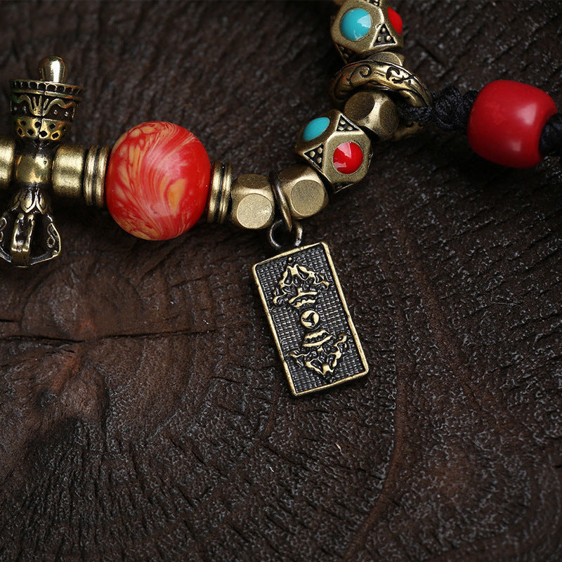 Dansenmonk Hand-Carved Buddha Tooth-Shaped Pendant Necklace Tibetan Boho Agate Beaded Sweater Chain