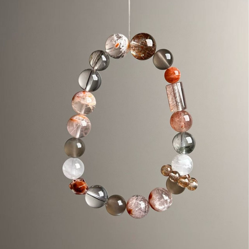 Dansenmonk 10mm Collectible Multi-Gem Crystal Bracelet | Copper Rutilated & Red Hematoid Wealth Guardian Stone For Scorpio Capricorn Aries Women Natural Healing Bracelet