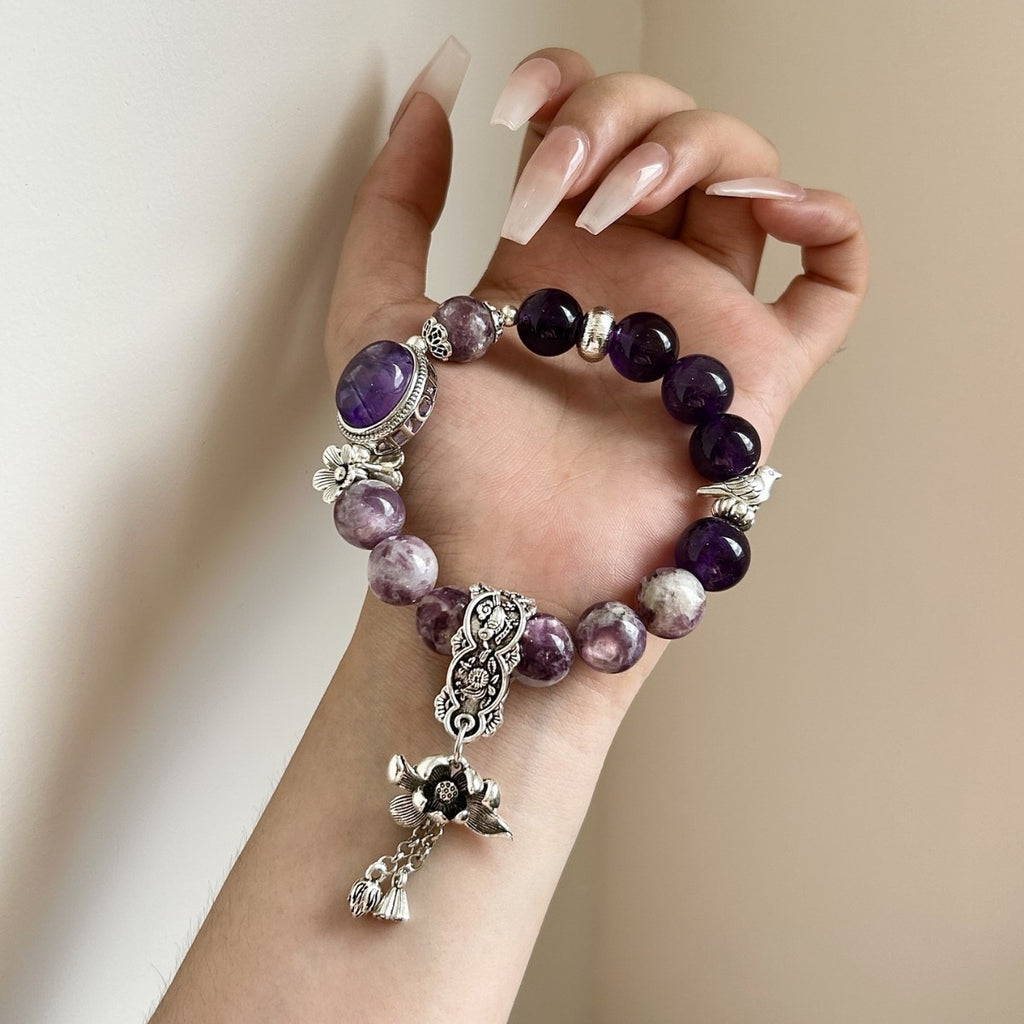 Dansenmonk Vintage Amethyst Lepidolite Bracelet Natural Purple Crystal Nine Purple Fire Luck Healing Beaded Bracelet with Antique Copper Charms Calming Spiritual Gift for Women