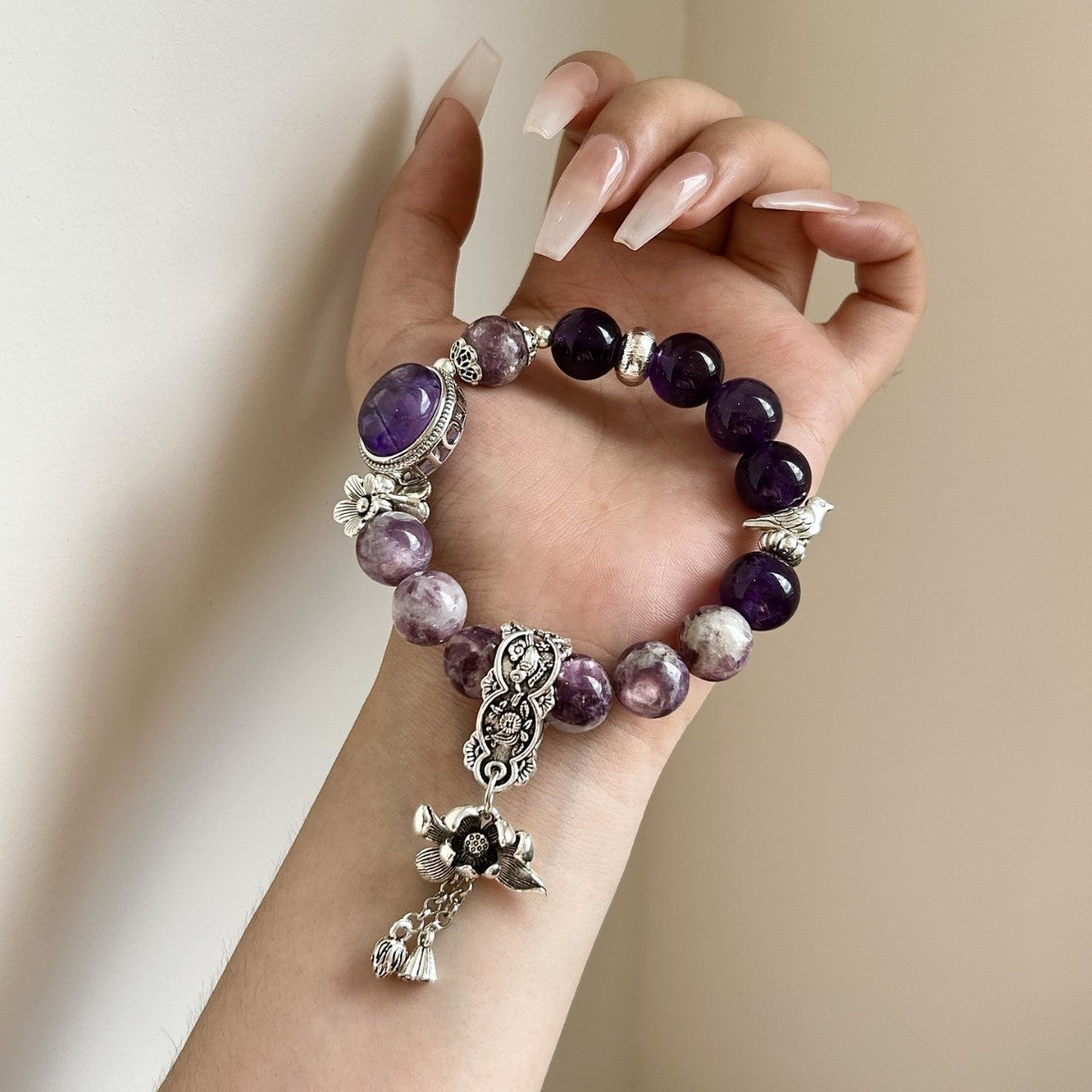 Dansenmonk Vintage Amethyst Lepidolite Bracelet Natural Purple Crystal Nine Purple Fire Luck Healing Beaded Bracelet with Antique Copper Charms Calming Spiritual Gift for Women
