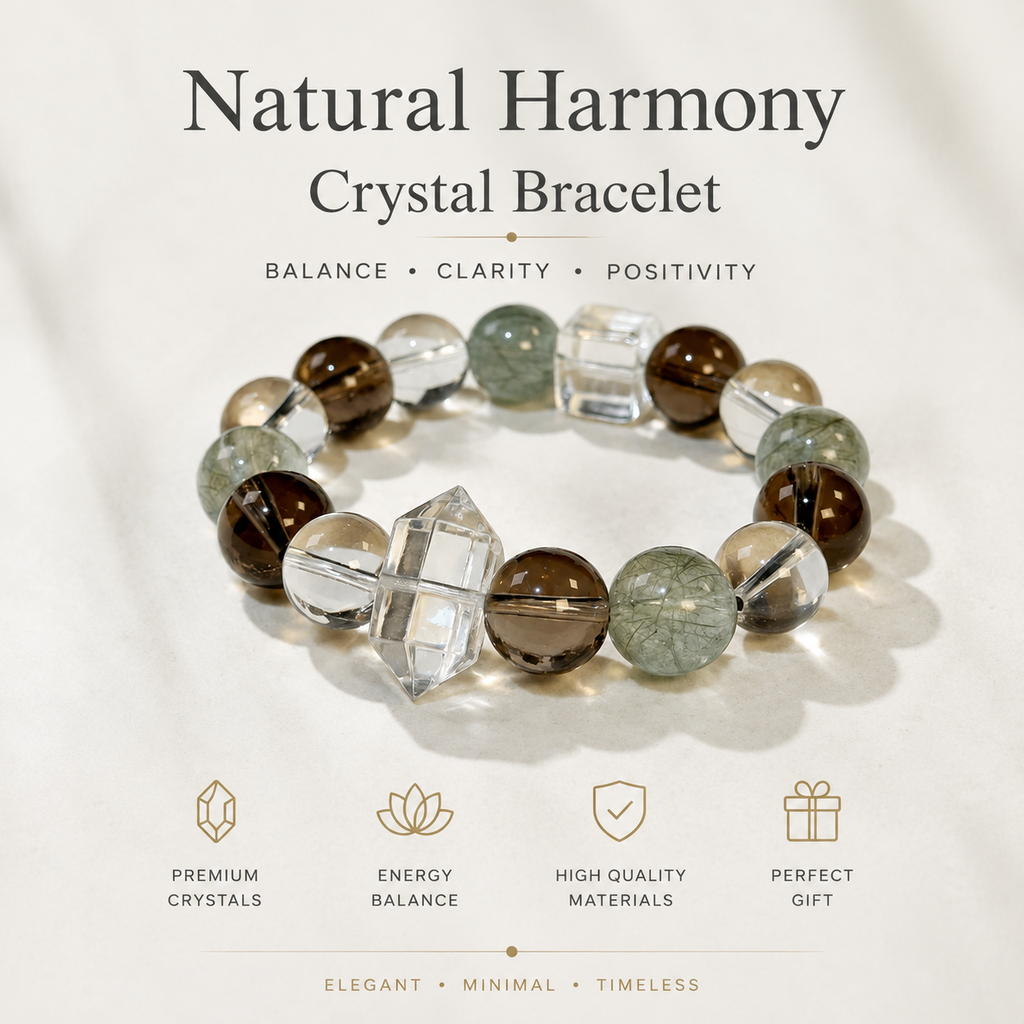 Dansenmonk Natural Harmony 12mm Mixed Crystal Bracelet  Green Rutilated Smoky  Clear Quartz Healing Bracelet for Men Women Wealth Energy Jewelry Gift