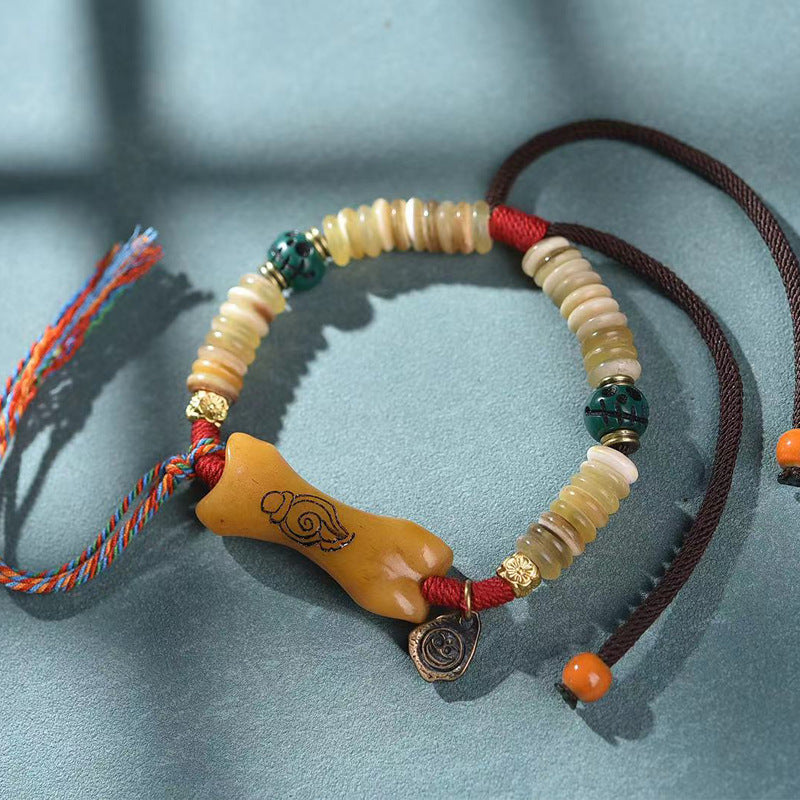 Tibetan Antler Bead Bracelet | Hand-Woven Adjustable Mala with Gau Box Buddha Pendant, Vintage Ethnic Stackable Bracelet