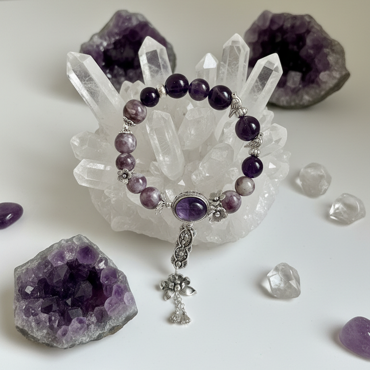 Dansenmonk Vintage Amethyst Lepidolite Bracelet Natural Purple Crystal Nine Purple Fire Luck Healing Beaded Bracelet with Antique Copper Charms Calming Spiritual Gift for Women