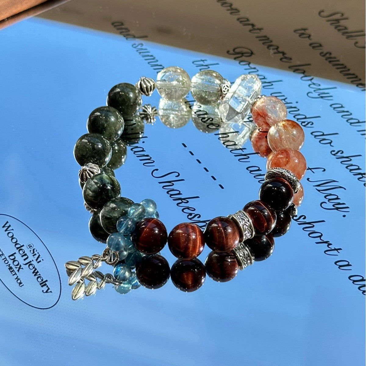 Dansenmonk Handmade Mixed Natural Crystal Bracelet  Green Rutilated Red Tiger Eye Red Phantom Green Chlorite Aquamarine Multi-Stone Healing Bracelet Premium Unique Spiritual Jewelry Gift