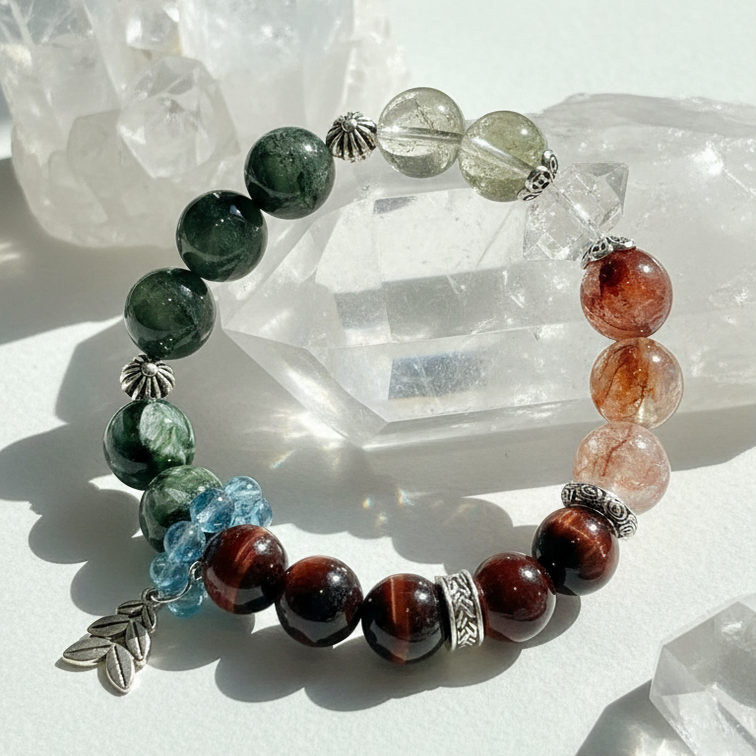 Dansenmonk Handmade Mixed Natural Crystal Bracelet  Green Rutilated Red Tiger Eye Red Phantom Green Chlorite Aquamarine Multi-Stone Healing Bracelet Premium Unique Spiritual Jewelry Gift