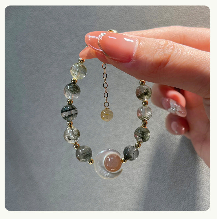Dansenmonk Natural Green Phantom Golden Rutilated Quartz Bracelet with Orange Moonstone 14k Gold-Filled Moon Shell Charm Bracelet