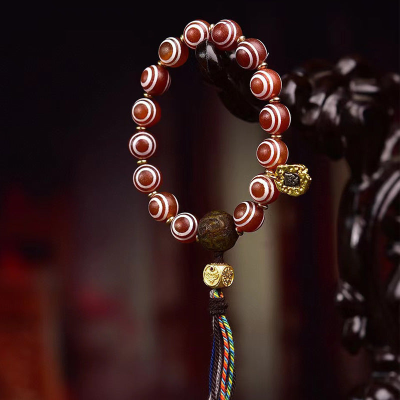 Natural Agate Medicine Buddha Eye Dzi Bead Bracelet | Tibetan Style Vintage Prayer Mala Single Strand
