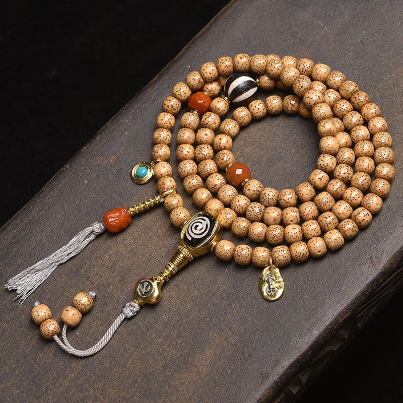 Dansenmonk Tibetan Butter Yellow Star Moon Bodhi 108 Mala | Ethnic Prayer Bead Necklace Bracelet