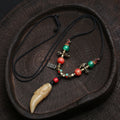 Dansenmonk Hand-Carved Buddha Tooth-Shaped Pendant Necklace Tibetan Boho Agate Beaded Sweater Chain