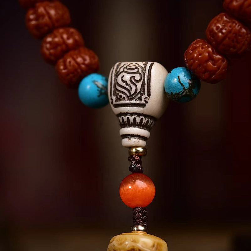 Dansenmonk Tibetan Double-Dragon 5-Petal Small Vajra Bodhi 108 Mala | Vintage Prayer Beads Necklace