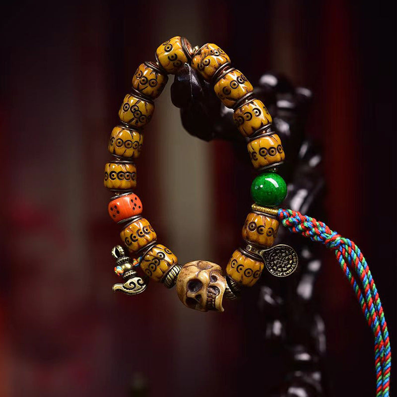 Tibetan Collected Yak Bone Barrel Bead Bracelet, Hand Carved Citipati Skull Mala with Silver Inlay, Vintage Himalayan Single Loop Prayer Bracelet
