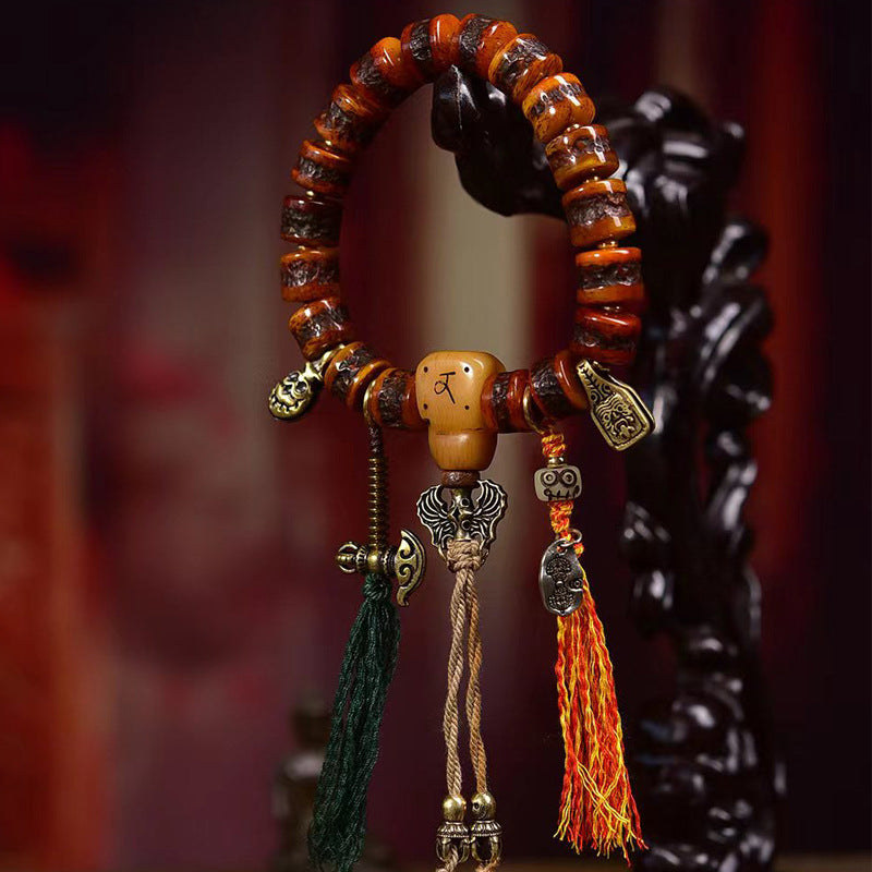 Tibetan Vintage Yak Bone Mala Bracelet  Aged Barrel Bead Prayer Beads with Bone Guru Bead & Brass Charms