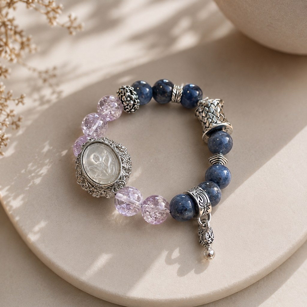 Dansenmonk Natural Amethyst & Blue Kyanite Bracelet with Mother of Pearl | Multi-Stone Crystal Beaded Bracelet