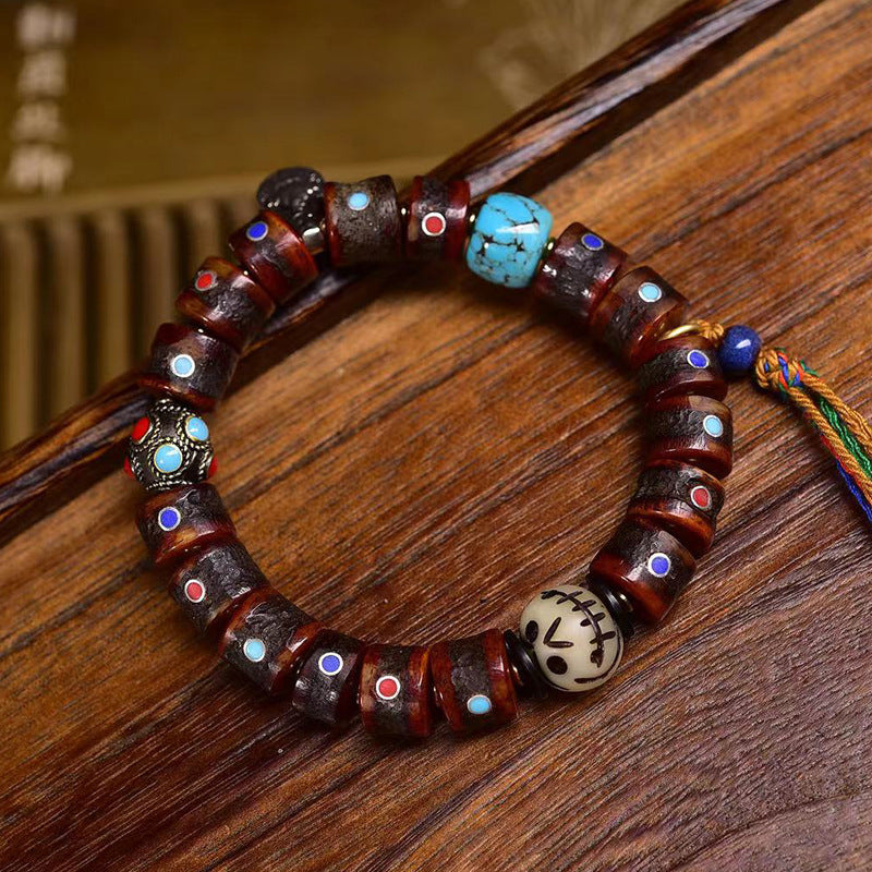 Tibetan Vintage Yak Bone Mala Bracelet | Inlaid Multi-Gem Barrel Beads, Old Collected Himalayan Prayer Bracelet 12*8mm