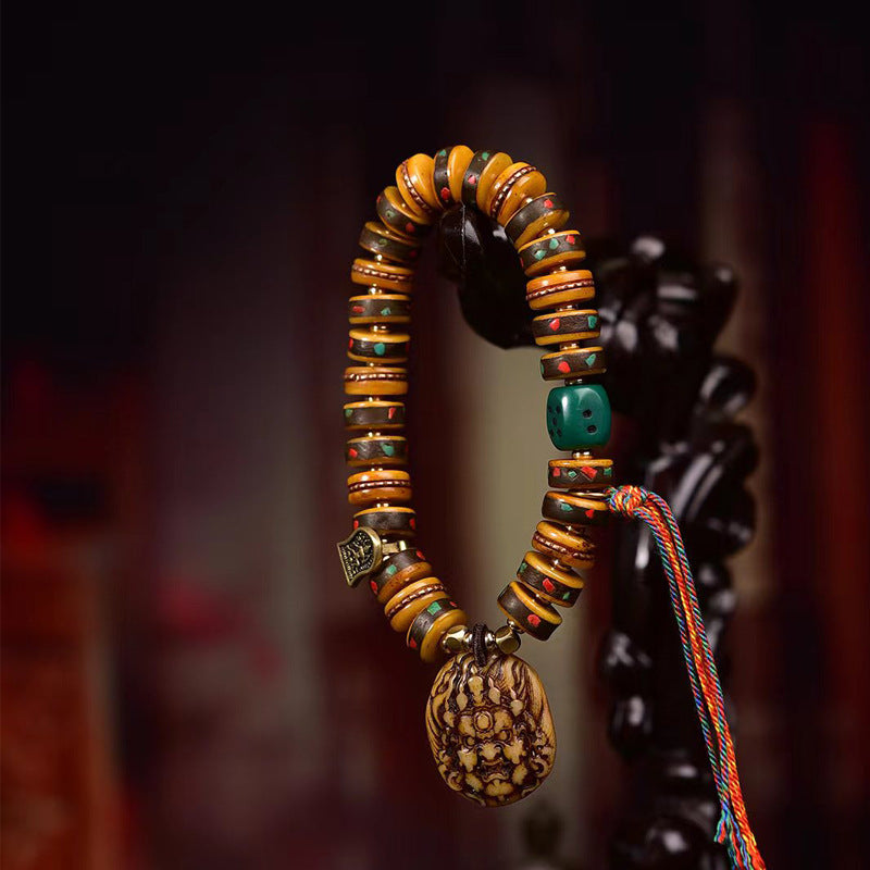 Tibetan Camel Bone Disc Bead Bracelet | Vintage Inlaid Copper & Turquoise Mala, Antique Retro Bone Prayer Bracelet for Men & Women