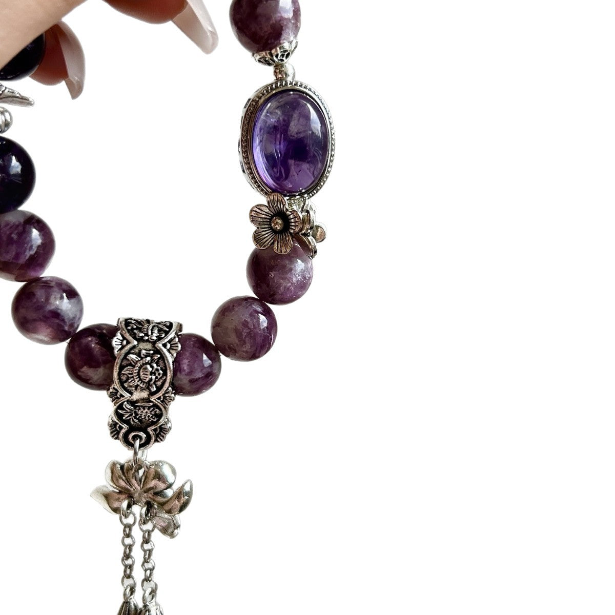 Dansenmonk Vintage Amethyst Lepidolite Bracelet Natural Purple Crystal Nine Purple Fire Luck Healing Beaded Bracelet with Antique Copper Charms Calming Spiritual Gift for Women