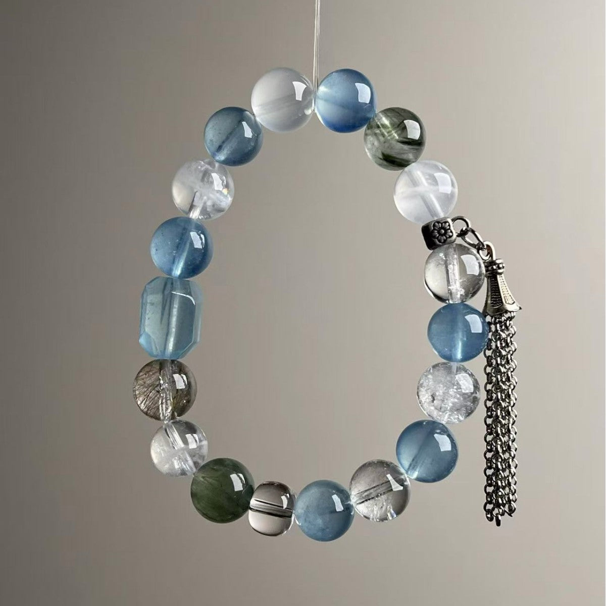 Natural Aquamarine Multi-Stone Bracelet 10mm with Vintage Tassel Charm - View 5