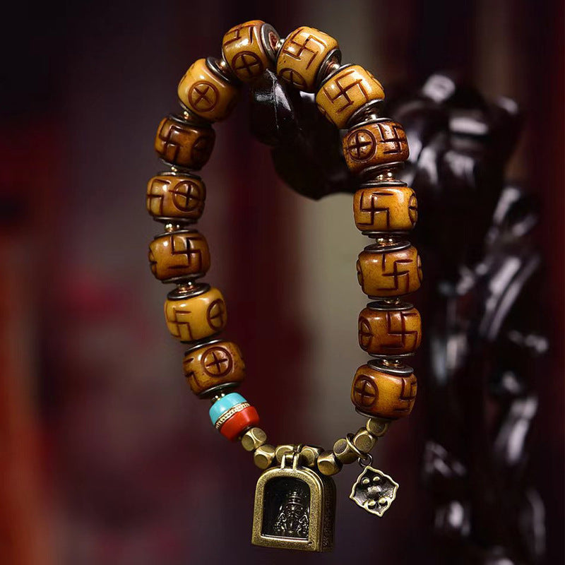 Tibetan Vintage Camel Bone Mala Bracelet, Carved Swastika Beads with Brass Gau Box Pendant, Retro Himalayan Prayer Bracelet