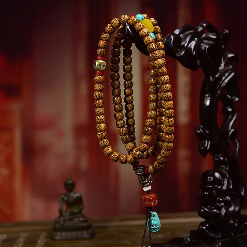 Dansenmonk Vintage Natural Hainan Star Moon Bodhi 108 Mala Bracelet with Agate & Turquoise Charms
