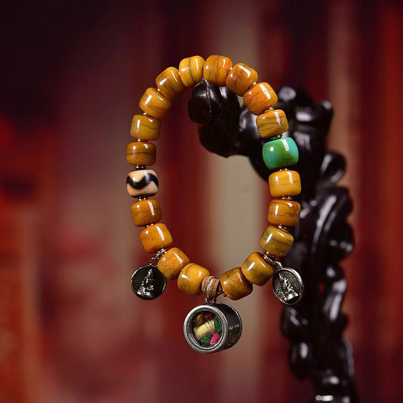 Tibetan Vintage Camel Bone Mala Bracelet | Dzi Bead, Agate & Fox Bone Charm, Single Loop Prayer Bracelet 10*8mm