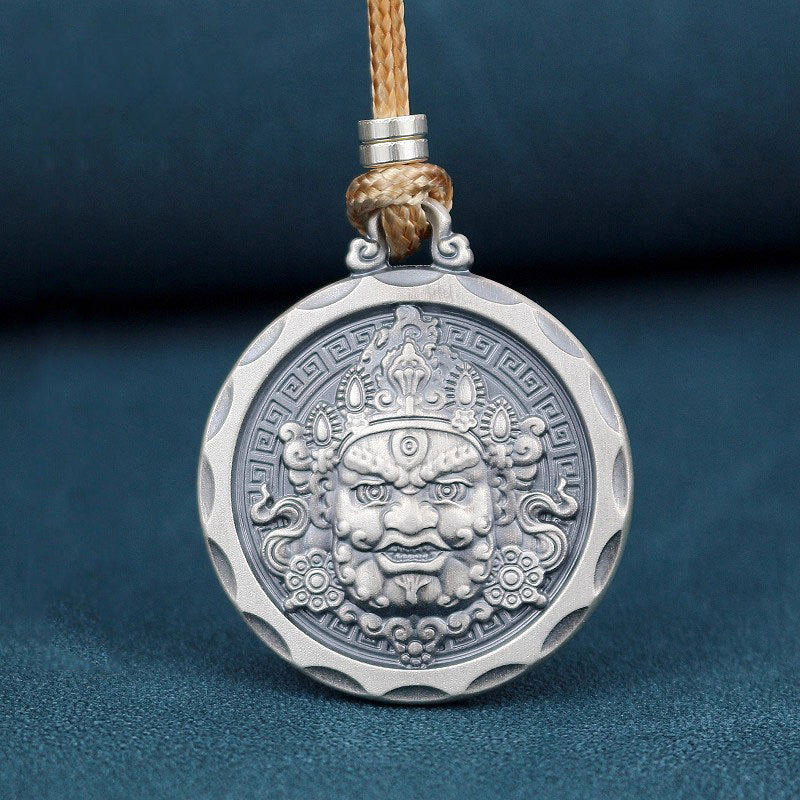 Tibetan Yellow Jambhala Rotating Mantra Pendant | Antiqued Silver-Plated Copper Wealth Amulet Necklace