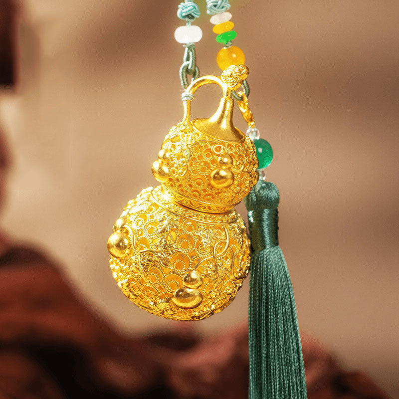 Chinese Filigree Gourd Car Charm | Openable Brass Incense Holder for Feng Shui & Good Fortune