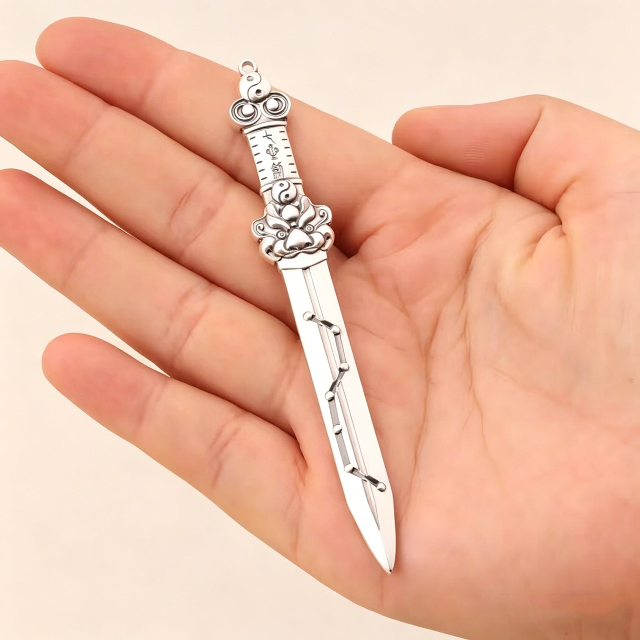 Taoist Seven Star Sword Pendant | Antiqued Silver-Plated Copper Protective Amulet for Keychains & Decor