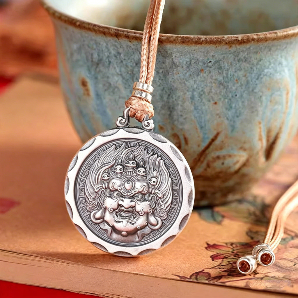 Tibetan Black Wealth God Rotating Mantra Pendant | Antique Silver Protection Amulet Necklace