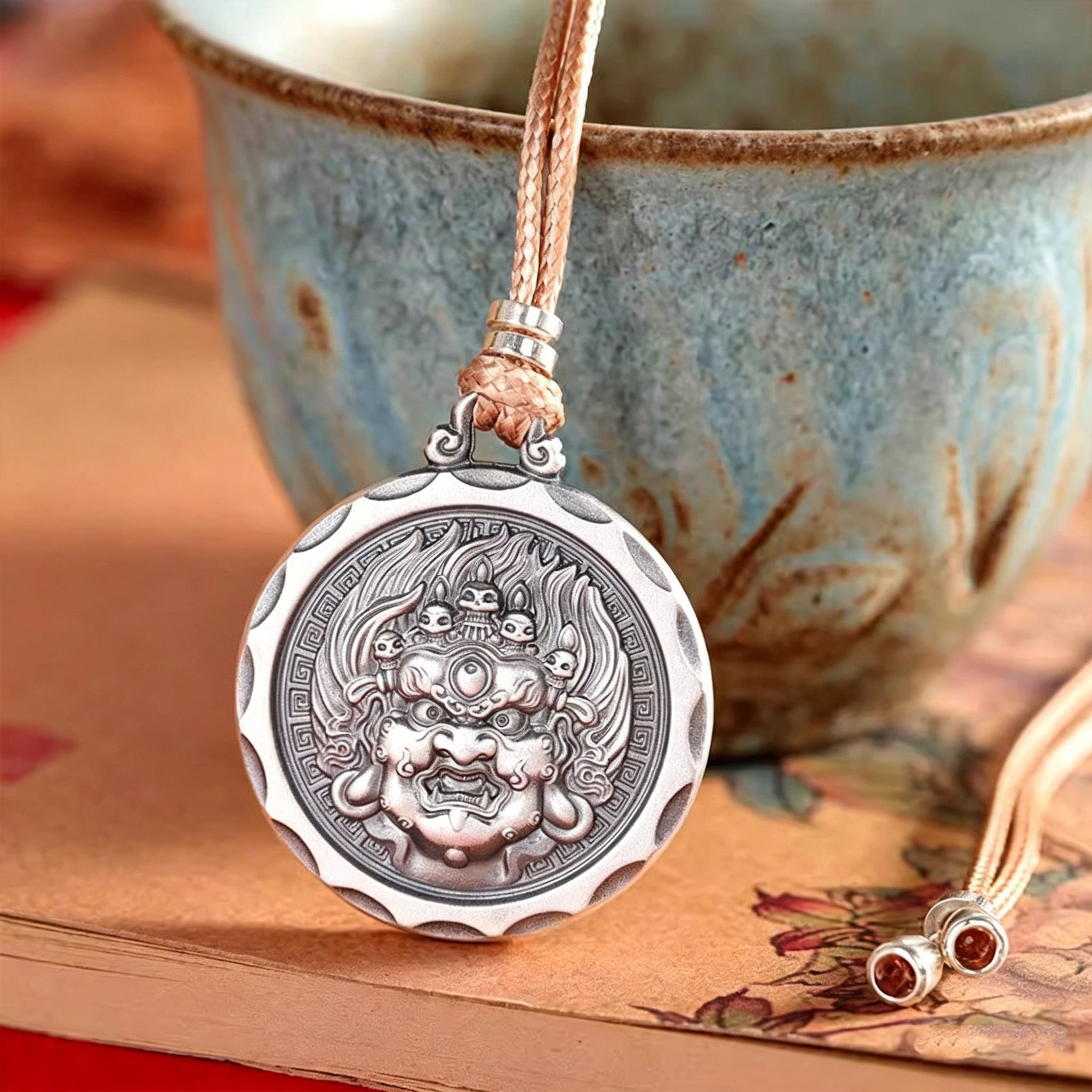 Tibetan Black Wealth God Rotating Mantra Pendant | Antique Silver Protection Amulet Necklace