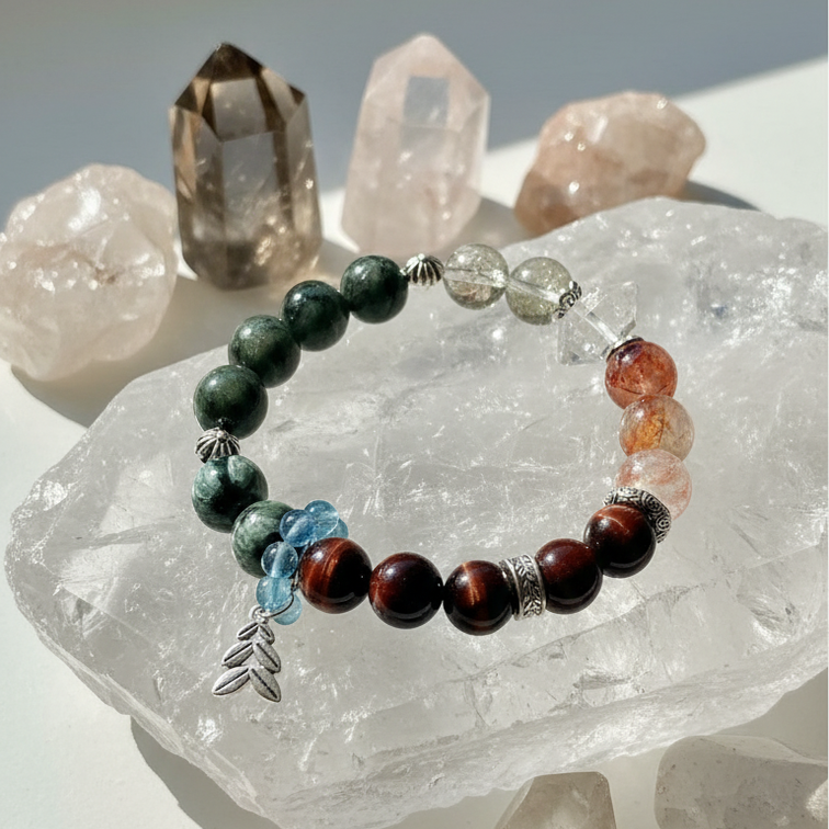 Dansenmonk Handmade Mixed Natural Crystal Bracelet  Green Rutilated Red Tiger Eye Red Phantom Green Chlorite Aquamarine Multi-Stone Healing Bracelet Premium Unique Spiritual Jewelry Gift