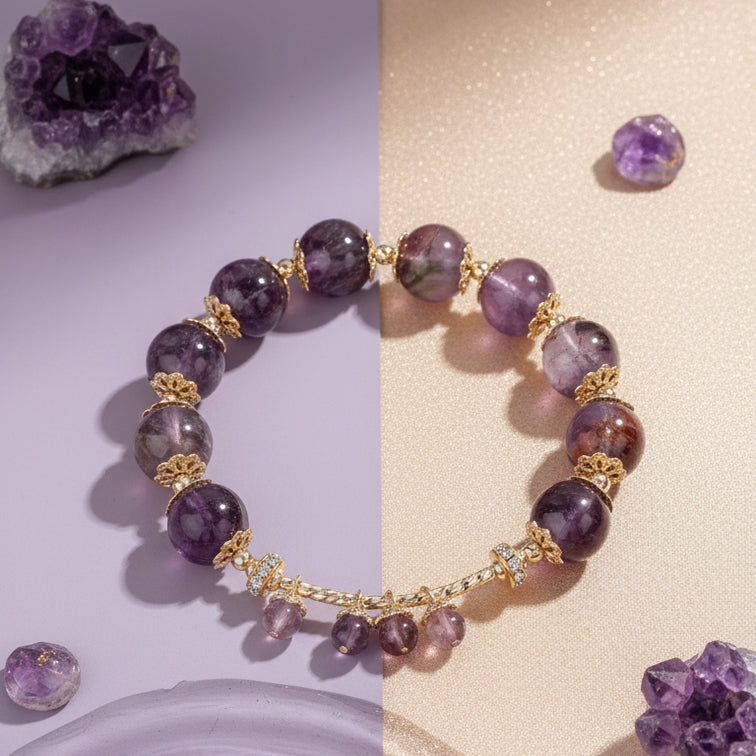Dansenmonk Natural Purple Phantom Quartz Bracelet for Women | Luxury Crystal Beaded Bangle with Gold Charm