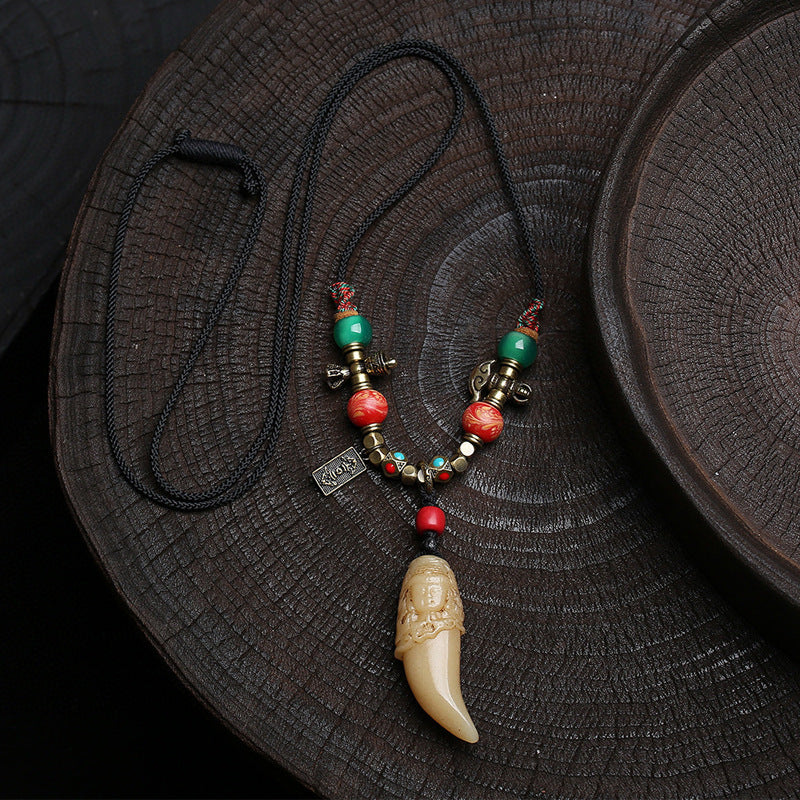Dansenmonk Hand-Carved Buddha Tooth-Shaped Pendant Necklace Tibetan Boho Agate Beaded Sweater Chain