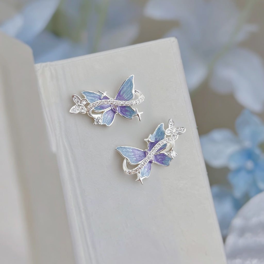 Dreamy Lavender Enamel Butterfly Stud Earrings, Gradient Paint Micro Pave Zircon Silver Needle Earrings, Dainty Purple Butterfly Jewelry for Women