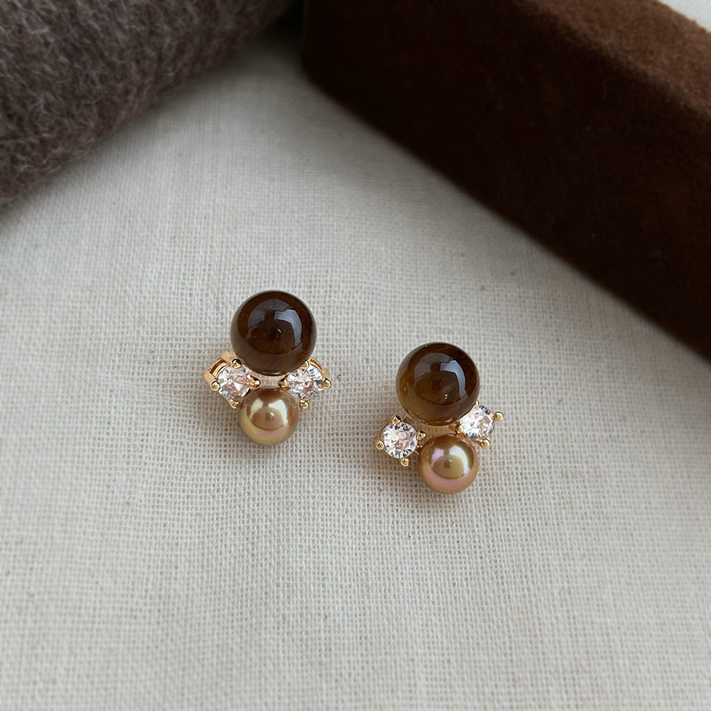Tiger's eye stud earrings with champagne pearl and zircon