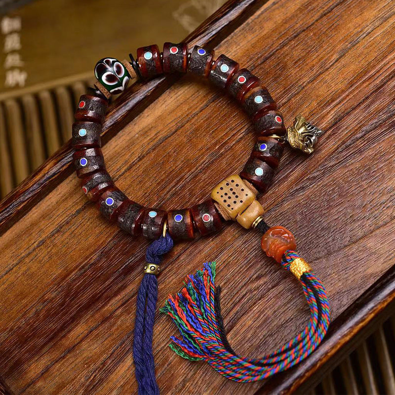 Tibetan Vintage Yak Bone Mala Bracelet | Inlaid Multi-Gem Barrel Beads, Old Collected Himalayan Prayer Bracelet 12*8mm