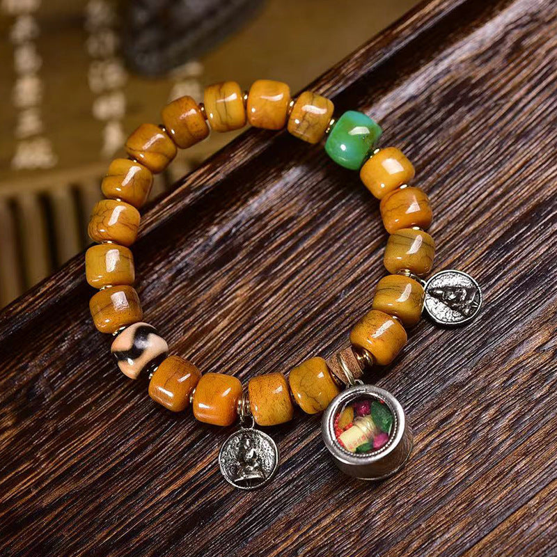Tibetan Vintage Camel Bone Mala Bracelet | Dzi Bead, Agate & Fox Bone Charm, Single Loop Prayer Bracelet 10*8mm