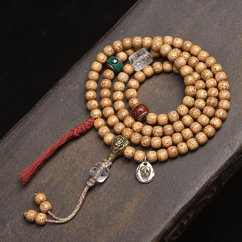 Dansenmonk Tibetan Butter Yellow Star Moon Bodhi 108 Mala | Ethnic Prayer Bead Necklace Bracelet