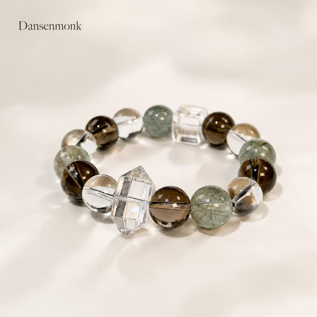 Natural Harmony 12mm Mixed Crystal Bracelet | Green Rutilated, Smoky & Clear Quartz Healing Bracelet for Men Women, Wealth Energy Jewelry Gift