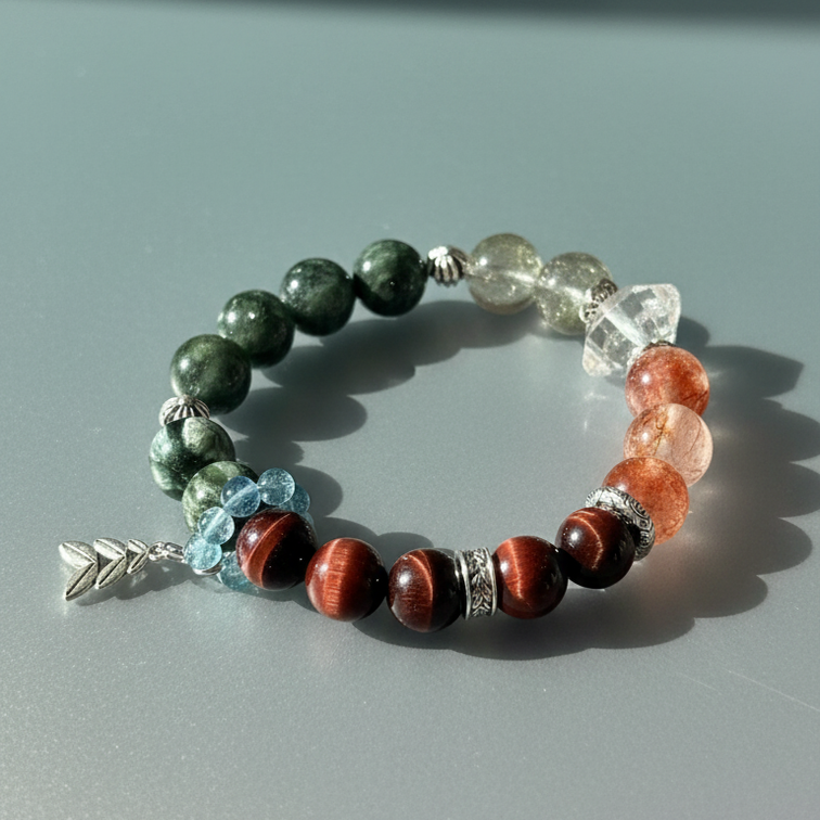Dansenmonk Handmade Mixed Natural Crystal Bracelet  Green Rutilated Red Tiger Eye Red Phantom Green Chlorite Aquamarine Multi-Stone Healing Bracelet Premium Unique Spiritual Jewelry Gift