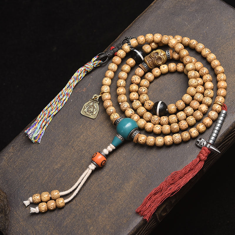 Dansenmonk Tibetan Butter Yellow Star Moon Bodhi 108 Mala | Ethnic Prayer Bead Necklace Bracelet