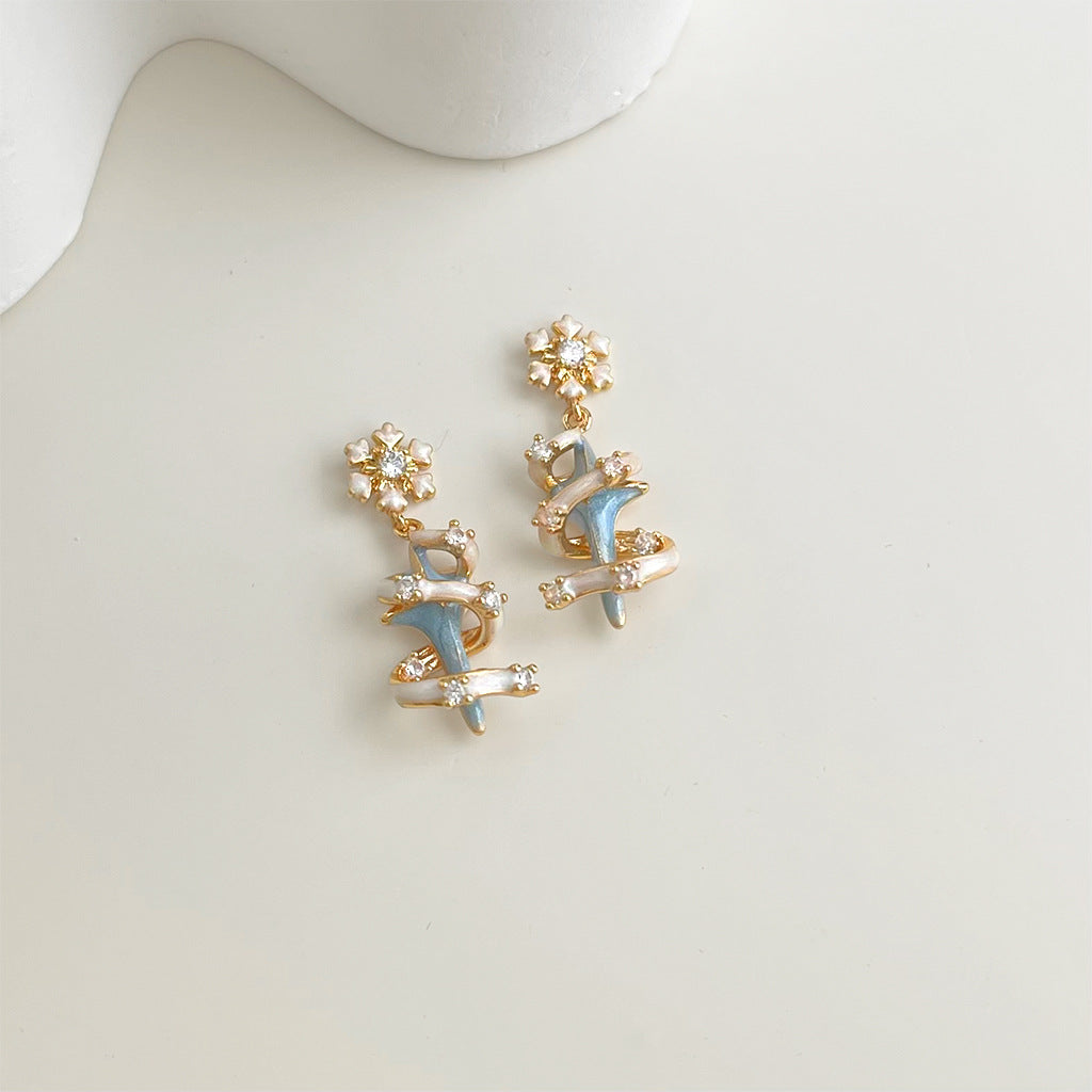Snowflake Dangle Drop Earrings, Pastel Blue Enamel Designer Earrings, Sweet Chic Cubic Zirconia Gold Plated Earrings for Women