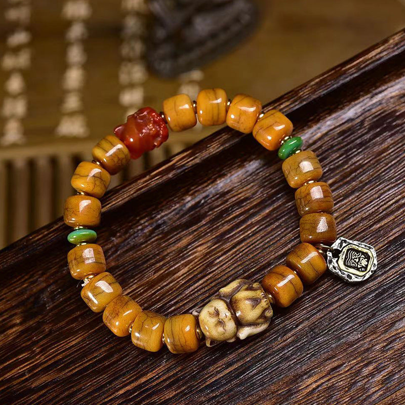 Tibetan Vintage Camel Bone Mala Bracelet | Dzi Bead, Agate & Fox Bone Charm, Single Loop Prayer Bracelet 10*8mm