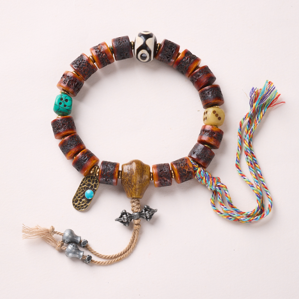 Vintage Tibetan Multi-Gem Ox Bone Dzi Bracelet | Antique Dzi Agate & Vajra Pendant Adjustable Tassel Unisex Ethnic Bead Jewelry