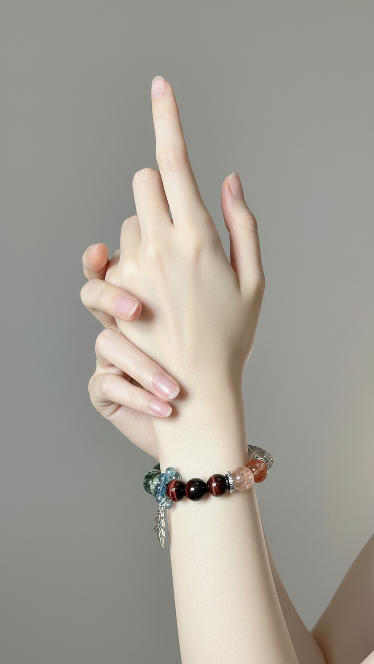 Dansenmonk Handmade Mixed Natural Crystal Bracelet  Green Rutilated Red Tiger Eye Red Phantom Green Chlorite Aquamarine Multi-Stone Healing Bracelet Premium Unique Spiritual Jewelry Gift
