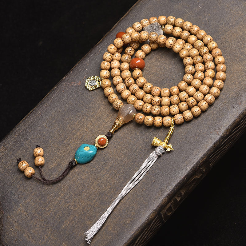Dansenmonk Tibetan Butter Yellow Star Moon Bodhi 108 Mala | Ethnic Prayer Bead Necklace Bracelet